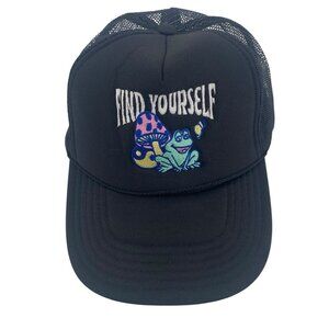 FIND YOURSELF Cartoon Graphic Froggy Mushroom Groovy Trucker Hat by DONUT